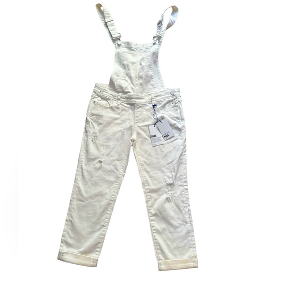 NWT PAIGE Denim Claudine White  Overall Distressed Ankle Length Overalls Sz 25 - Picture 1 of 7